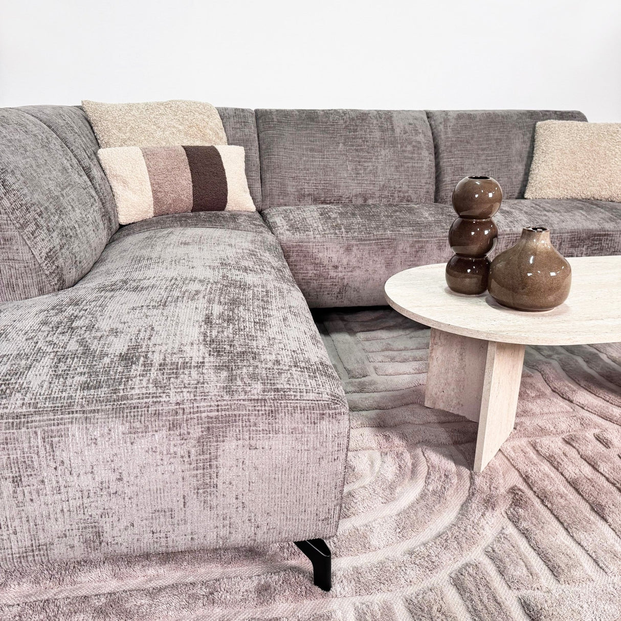 Hoekbank met chaise longue taupe chenille stof Manon - links