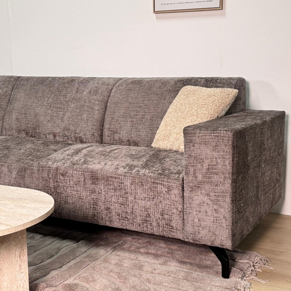 Hoekbank met chaise longue taupe chenille stof Manon - links