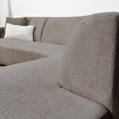 Hoekbank taupe chenille stof met chaise longue rechts Manon