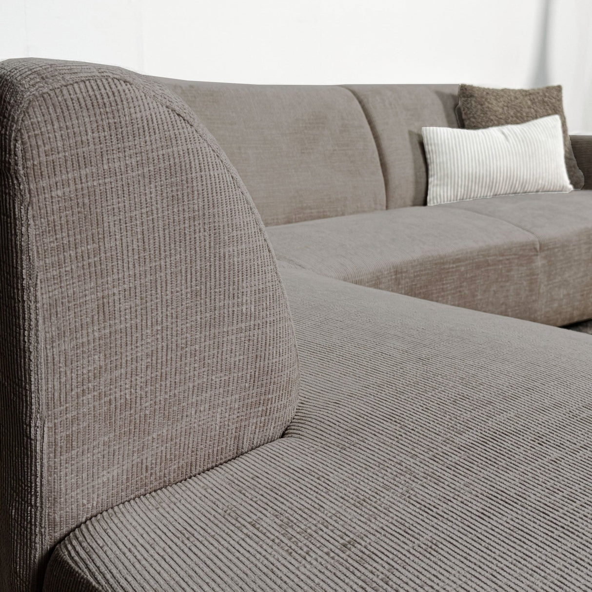 Hoekbank taupe chenille stof met chaise longue links Manon