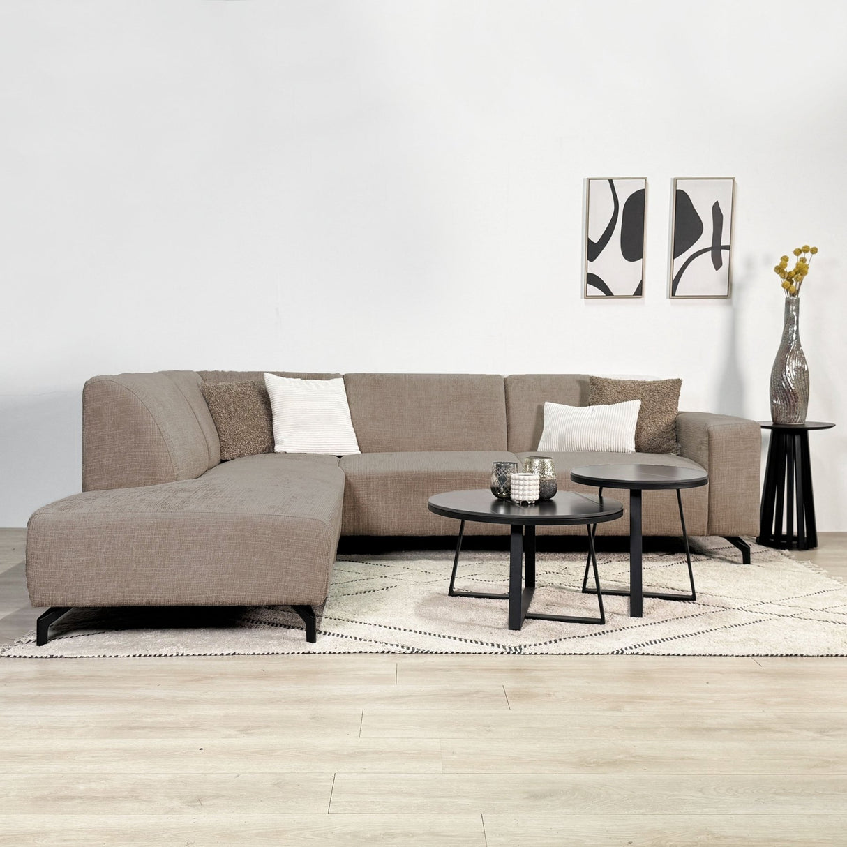 Hoekbank taupe chenille stof met chaise longue links Manon
