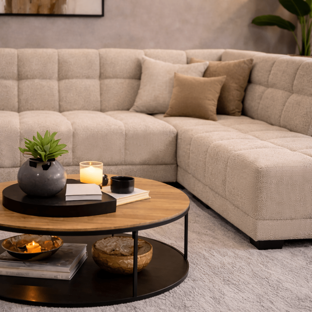 Hoekbank met lounge beige bouclé stof Nova - rechts