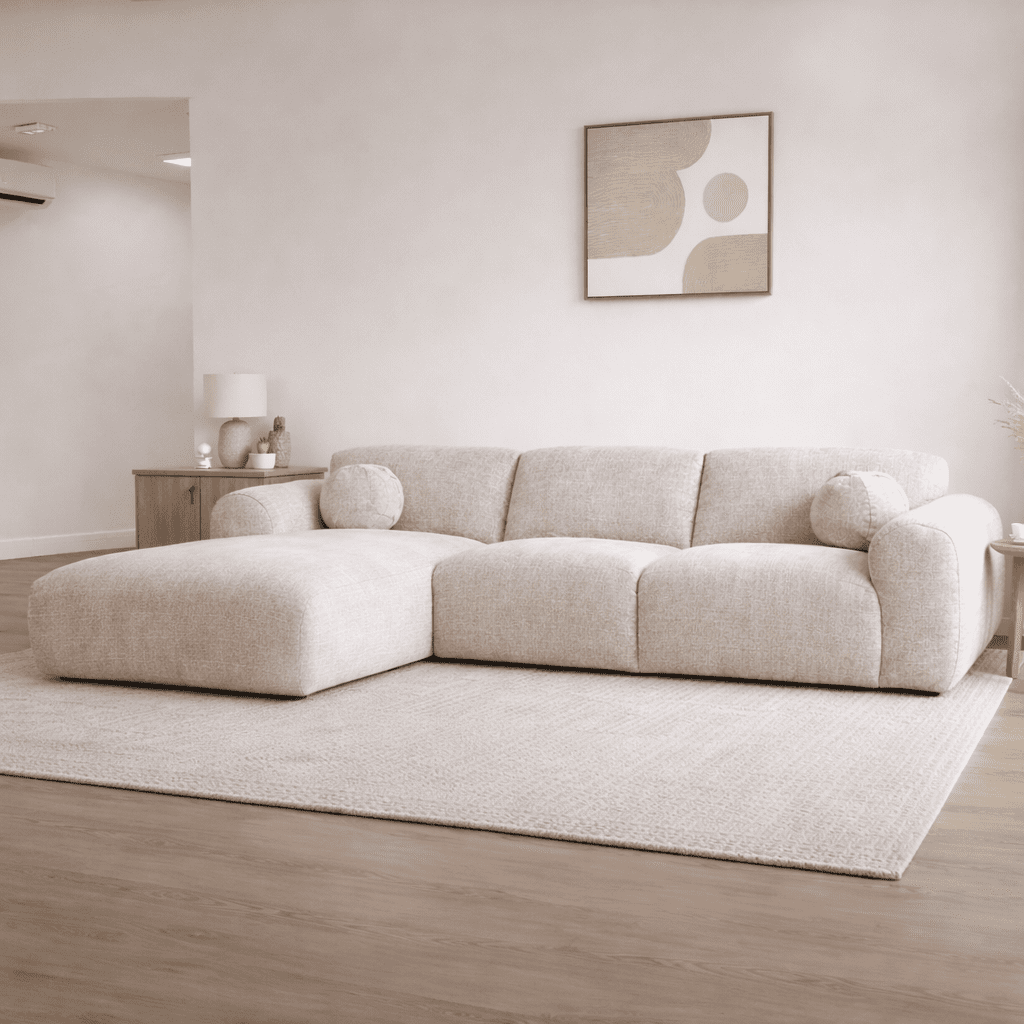 Canapé d'angle en tissu chenille beige Shane - à gauche