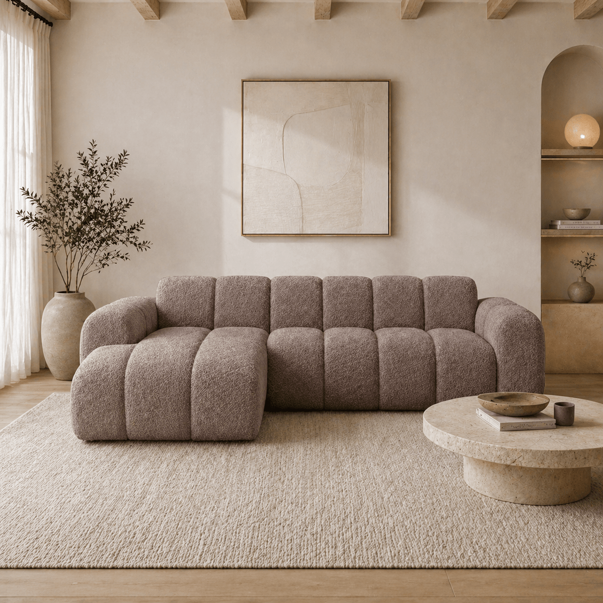 Hoekbank met lounge zacht bruin bouclé stof - strepen - links - Brix