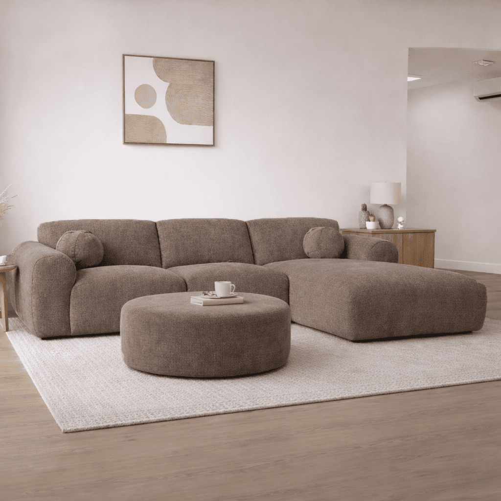 Canapé d'angle avec revêtement en chenille taupe Shane - à droite