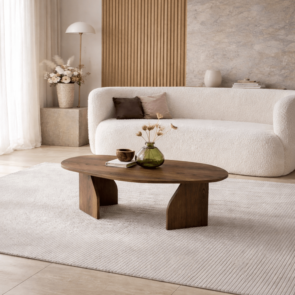 Table basse organique en noyer avec étagère en mélamine - 105x65 cm 