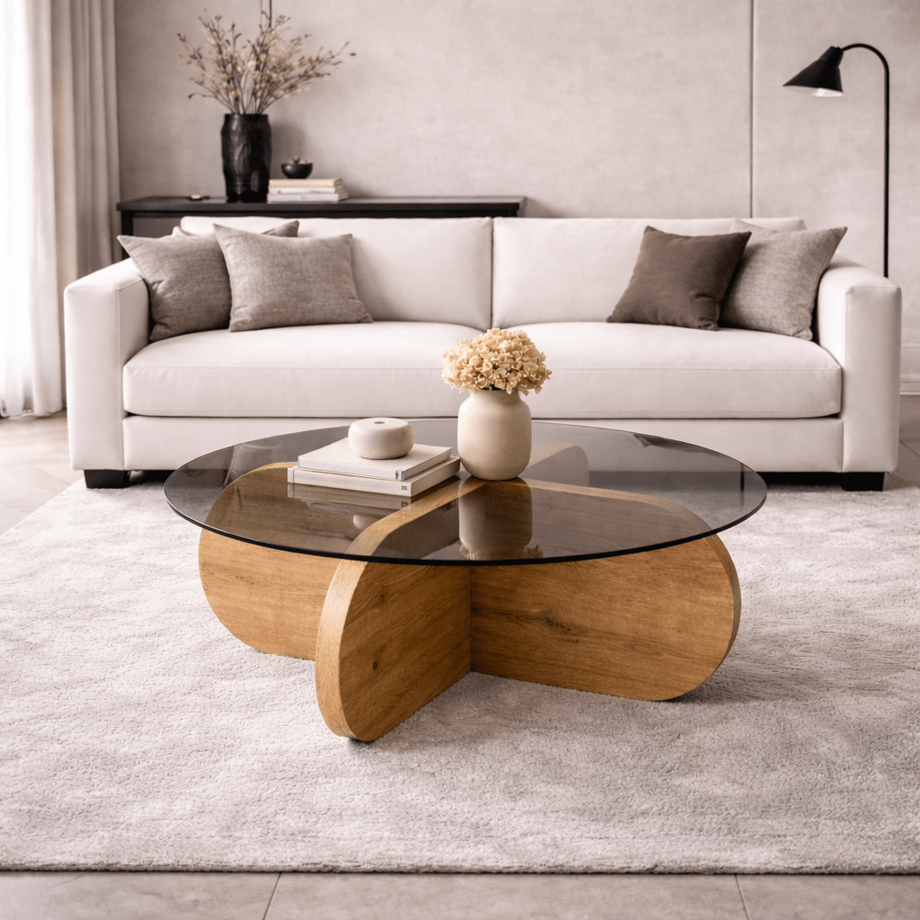 Table basse Aris ronde 75 cm en verre teinté - Mélamine chêne 