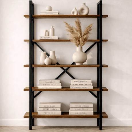 Industriële Boekenkast Ely Walnoot Melamine - Zwart Frame - 180x90 cm