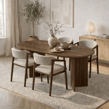 Eetkamerstoelen - Japandi eetkamerstoel zandkleur bouclé Kyo - walnoot frame - met armleuning - Dimehouse