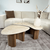 Ensemble de 2 tables basses Jimi avec plateau en travertin et piètement en noyer 