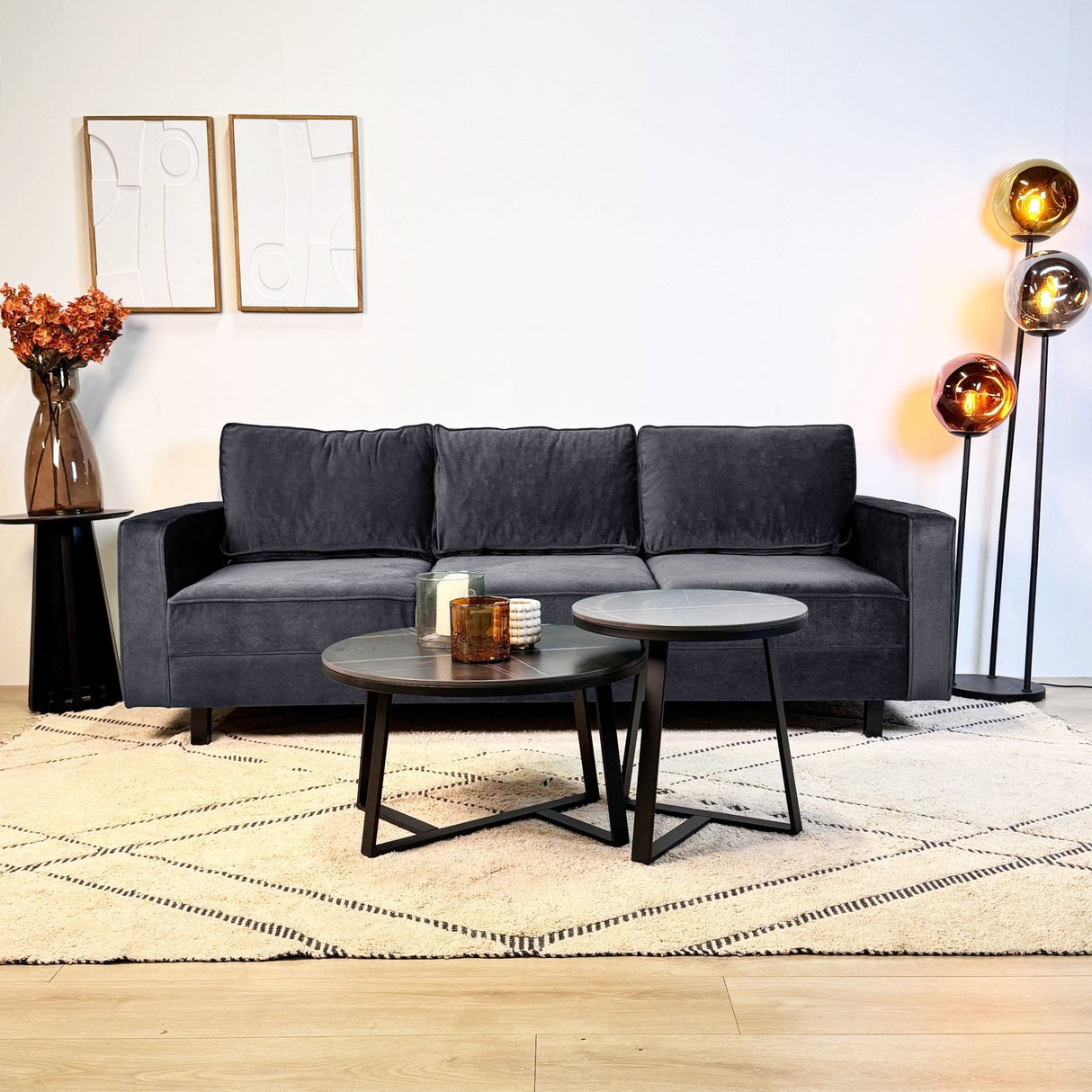 3-zits Bank Kale Velvet Antraciet - comfortabele losse kussens