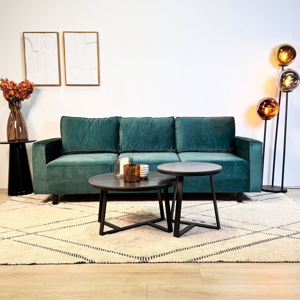 3-zits Bank Kale Velvet Groen - comfortabele losse kussens