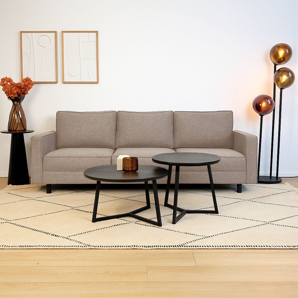 Canapé 3 places Kale en tissu lin taupe - coussins confortables 