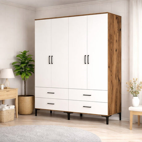 Kledingkast Walnoot en Wit Melamine - hang en leg - 160x 200 x 47 cm - Kumsal