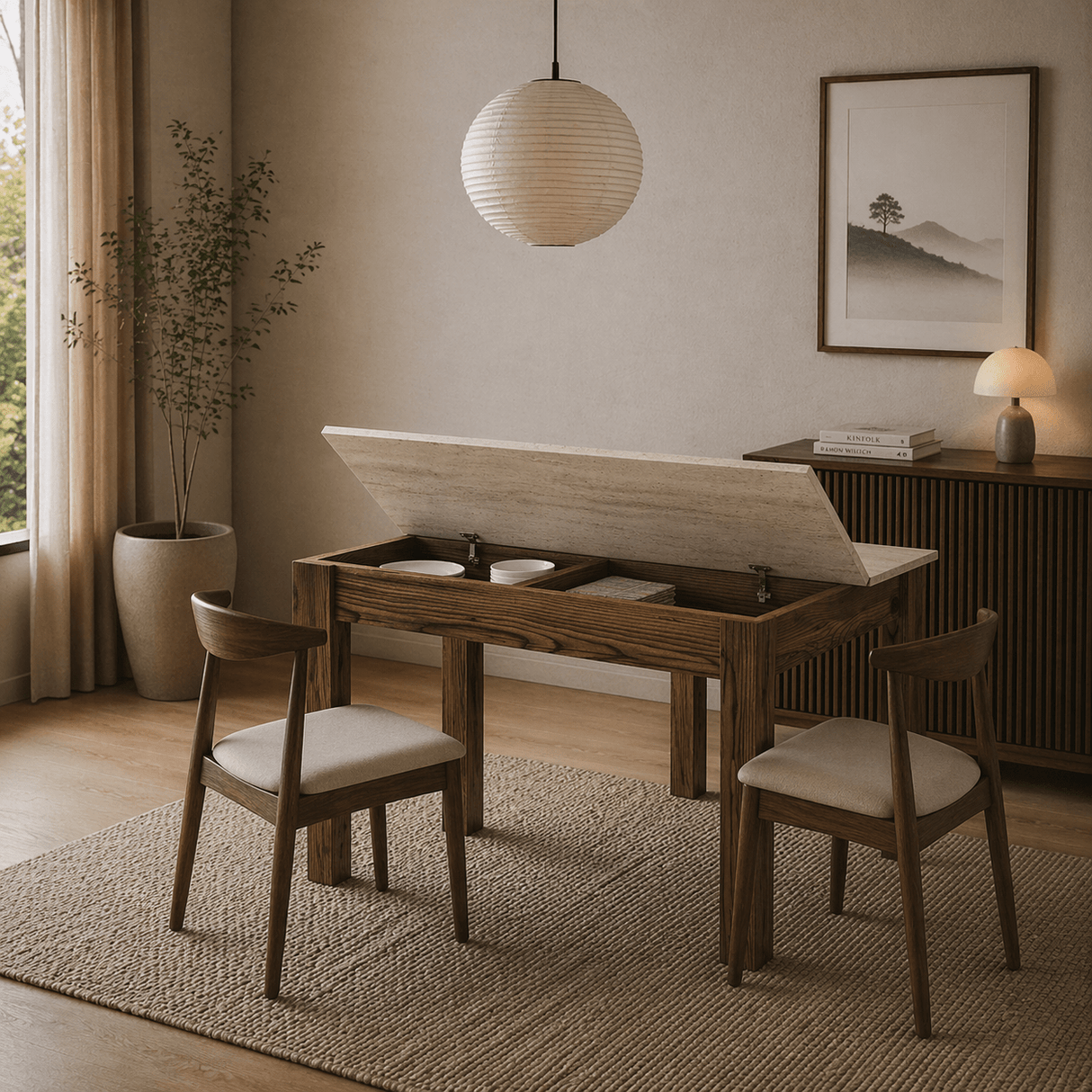 Eettafels - Kleine eettafel Walnoot met Travertin Melamine - 110 cm - met opbergruimte - Kara - Dimehouse