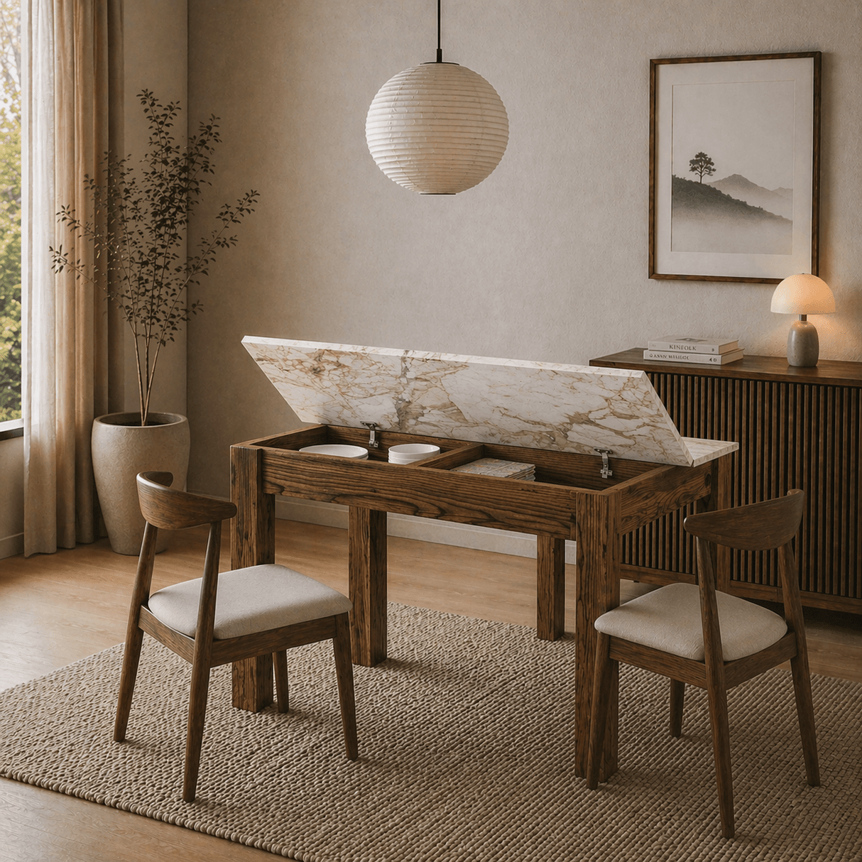 Eettafels - Kleine eettafel Walnoot met Marmer Melamine - 110 cm - met opbergruimte - Kara - Dimehouse