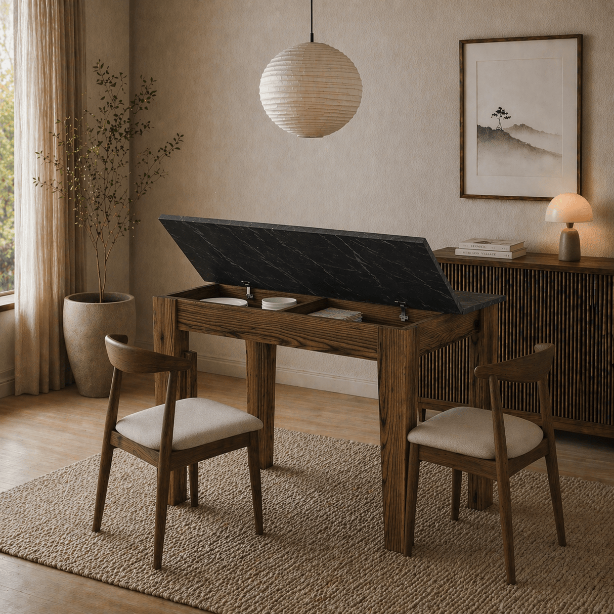 Kleine eettafel Walnoot met zwart Melamine - 110 cm - met opbergruimte - Kara
