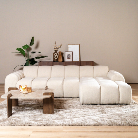 Banken-Hoekbank met lounge beige bouclé stof - strepen - rechts - Brix-Dimehouse