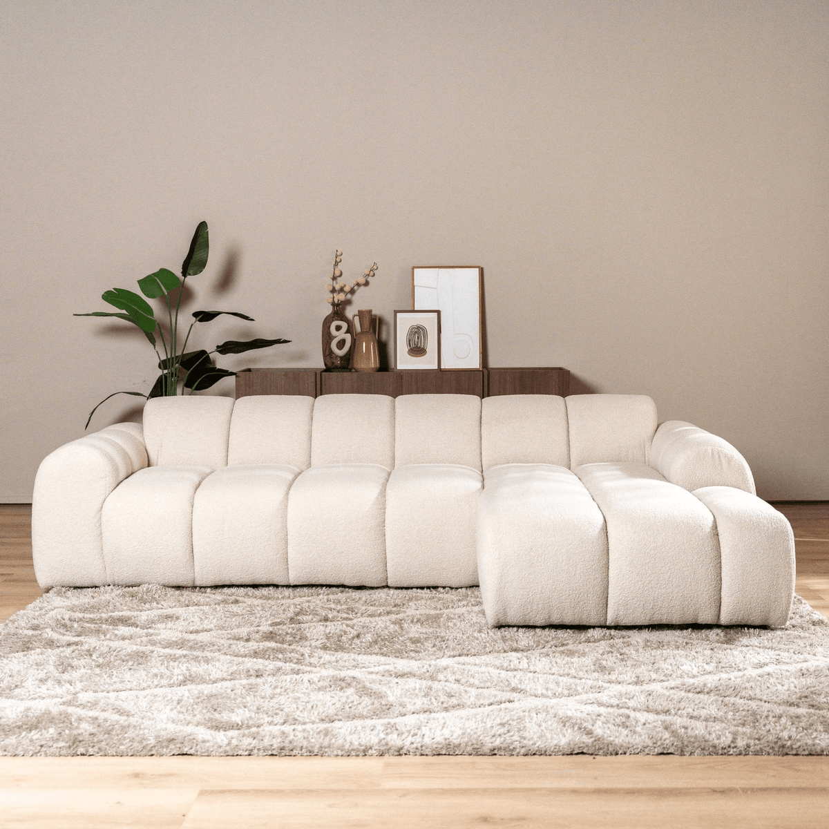 Canapés-Canapé d'angle lounge tissu bouclé beige - rayures - droit - Brix-Dimehouse