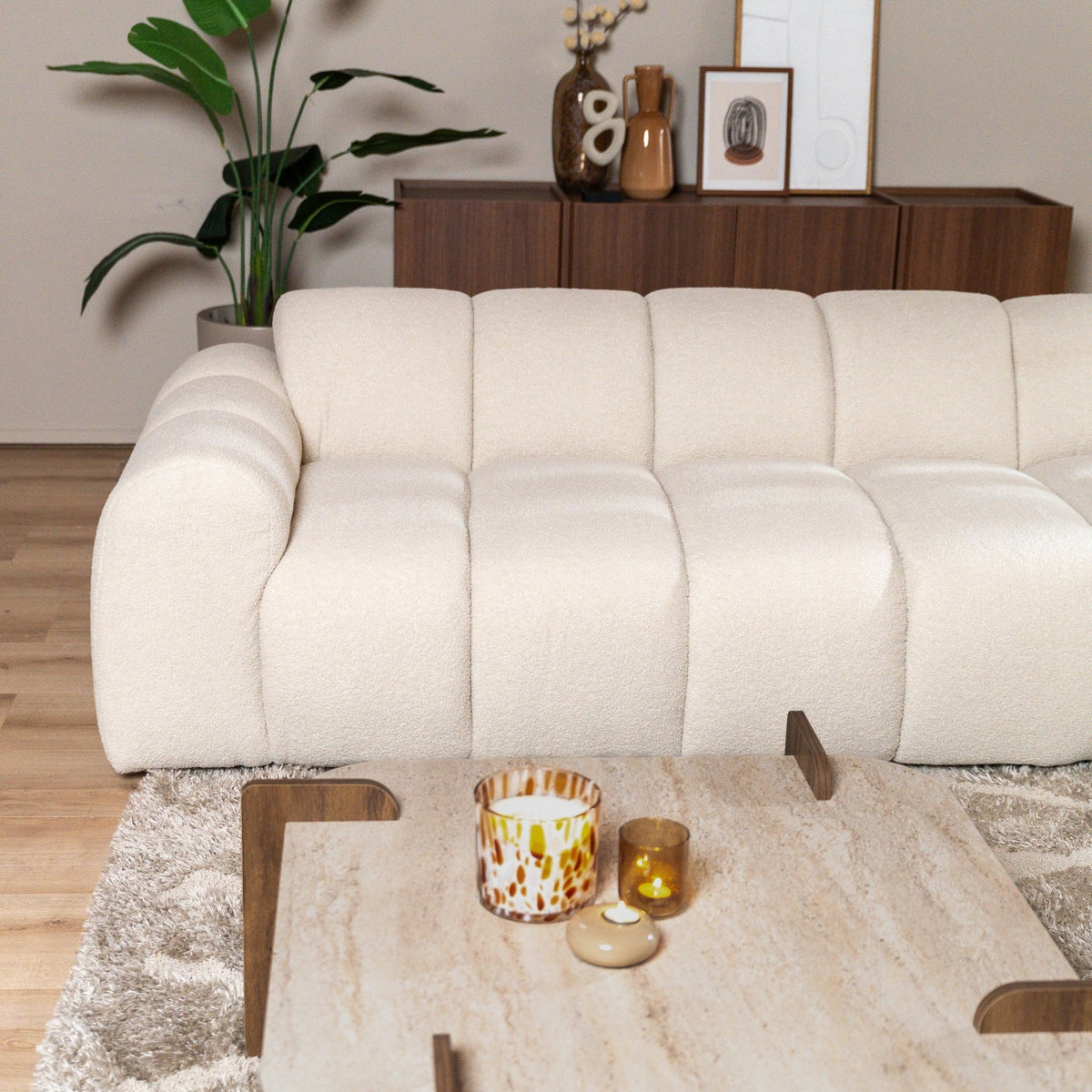 Canapés-Canapé d'angle lounge tissu bouclé beige - rayures - droit - Brix-Dimehouse
