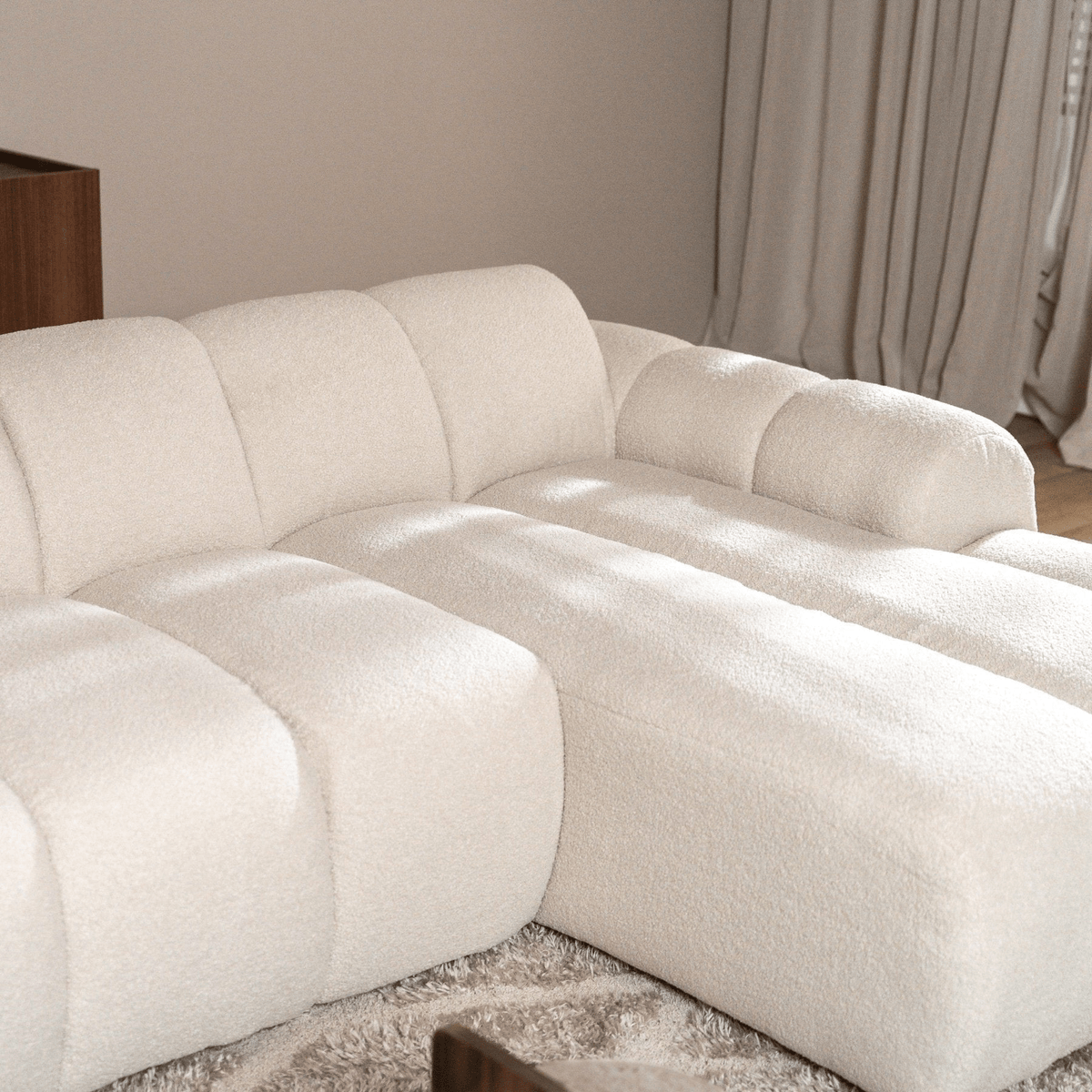 Canapés-Canapé d'angle lounge tissu bouclé beige - rayures - droit - Brix-Dimehouse