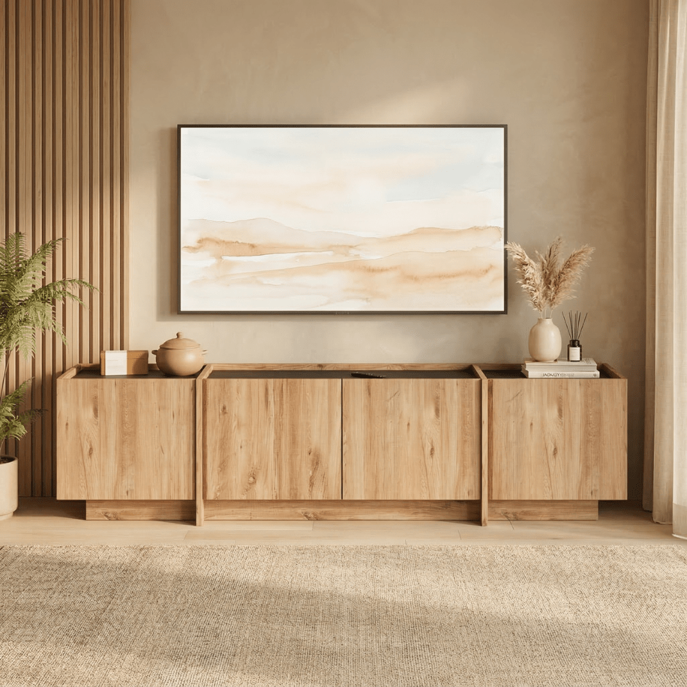 Meuble TV Japandi mélaminé aspect chêne anthracite Lowen 180 cm