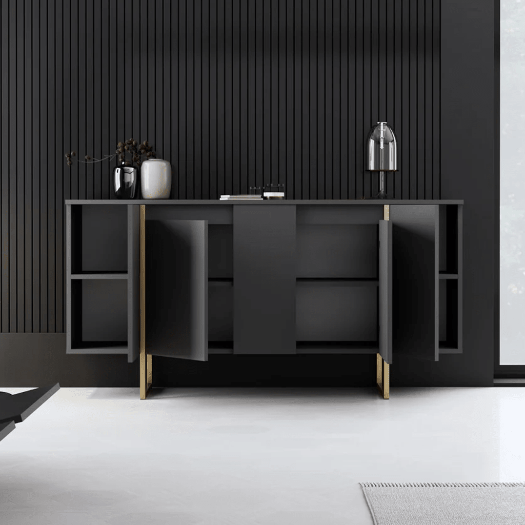 Buffet Moderne Anthracite Luxe 160x80x35 - Cadre Doré 