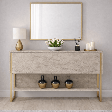 Modern Dressoir Travertijn Luxe 120x80x30 - Gouden Frame - Eén Vak