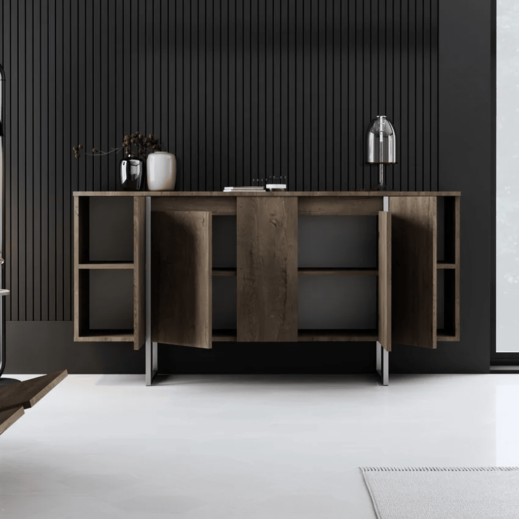 Dressoirs - Modern Dressoir Walnoot Luxe 160x80x35 - Zilver Frame - Dimehouse