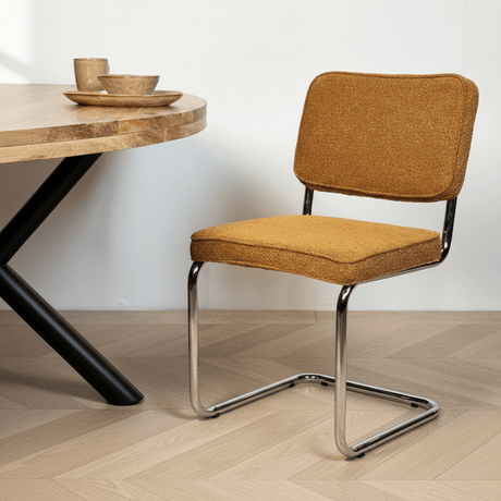 Moderne Eetkamerstoel Koper Bouclé Stof Sway - Chrome Frame - Zonder Armleuningen