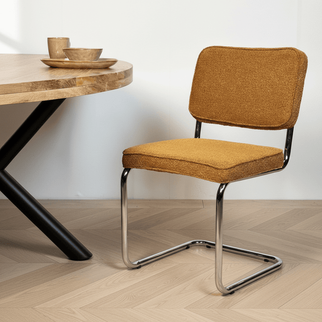 Moderne Eetkamerstoel Koper Bouclé Stof Sway - Chrome Frame - Zonder Armleuningen