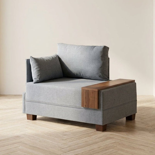 Moderne Fauteuil Blauw Stof Fly - Links - Met Houten Tafeltje sfeerfoto in modern interieur