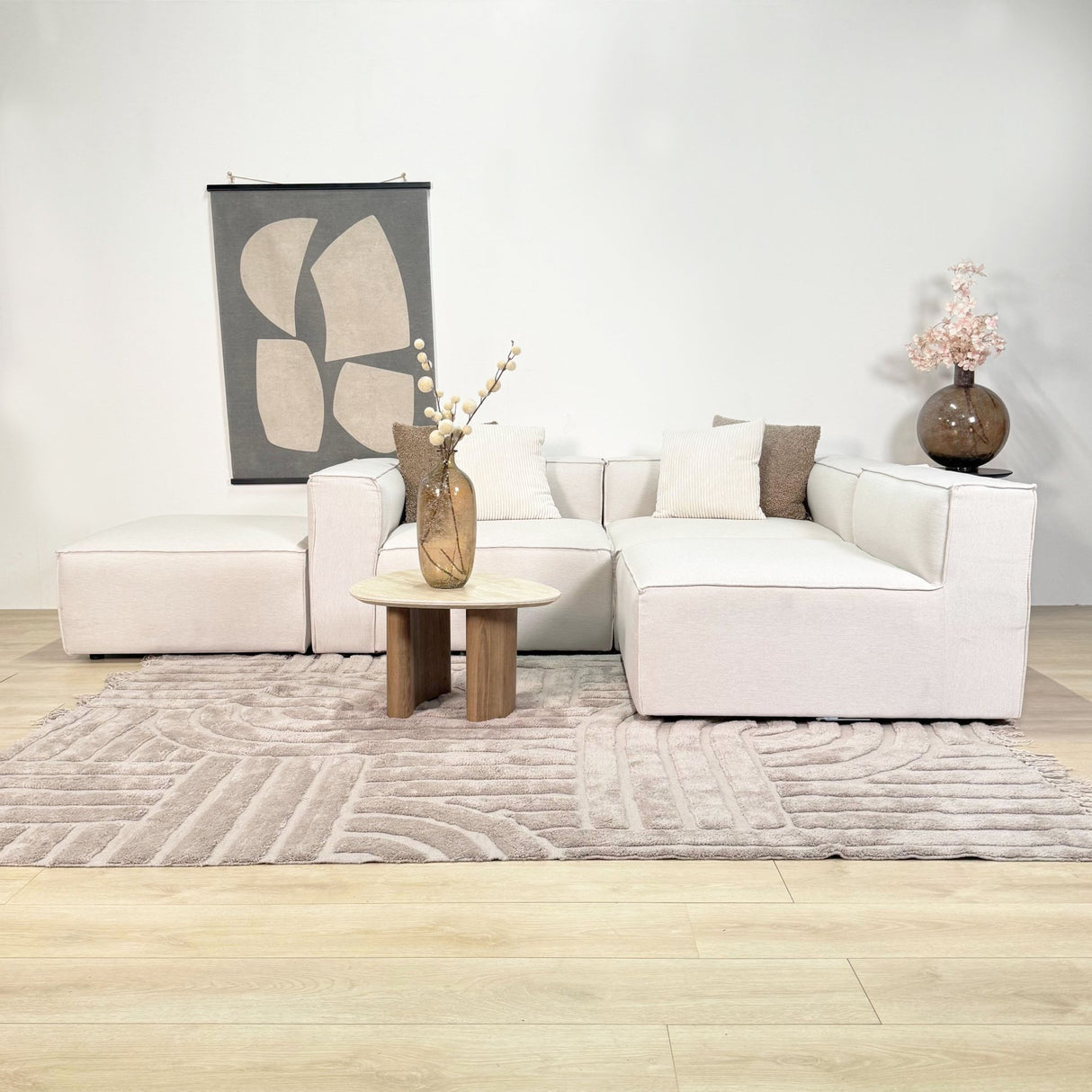 Canapé d'angle modulaire en tissu lin beige écru avec ottoman amovible - Fora 