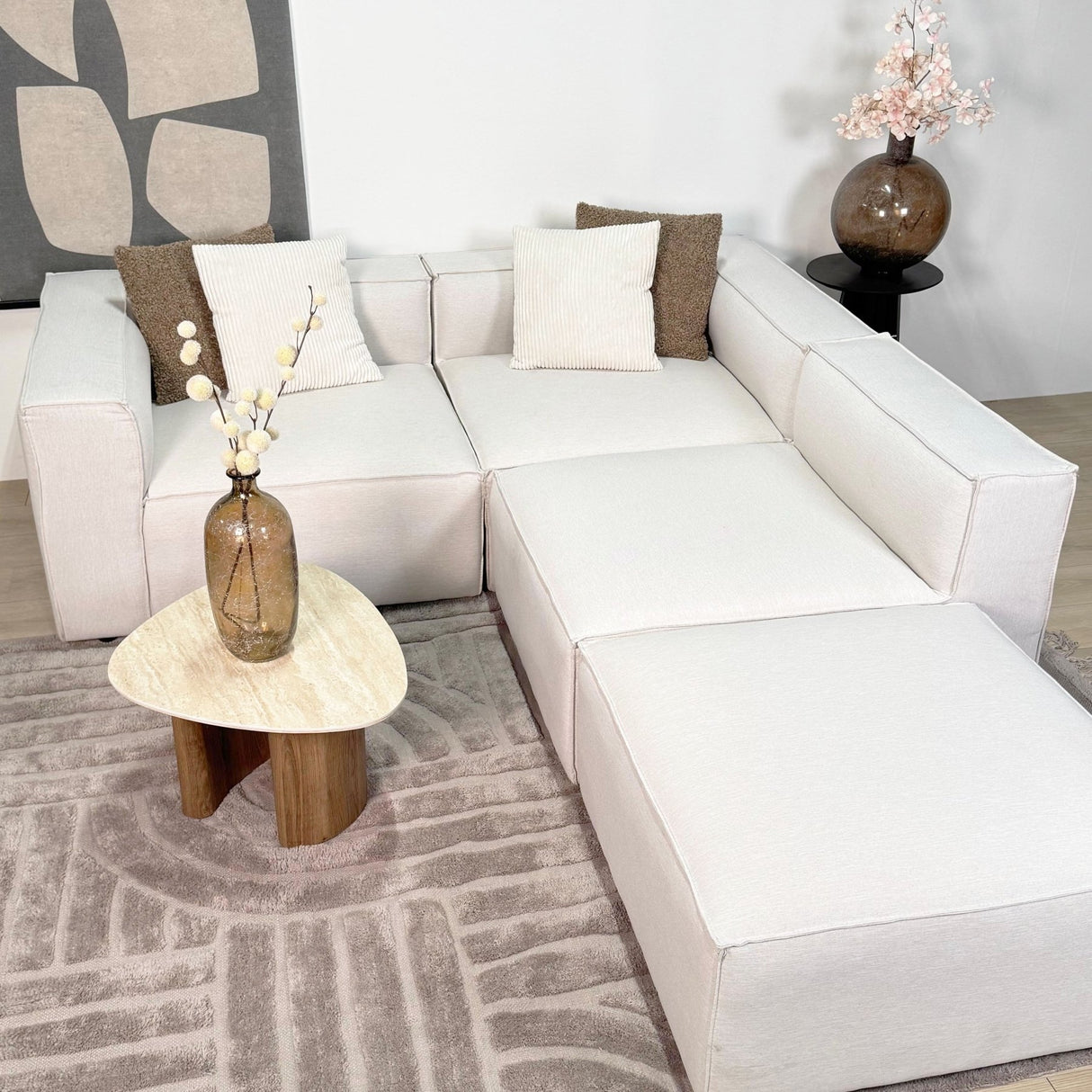 Canapé d'angle modulaire en tissu lin beige écru avec ottoman amovible - Fora 