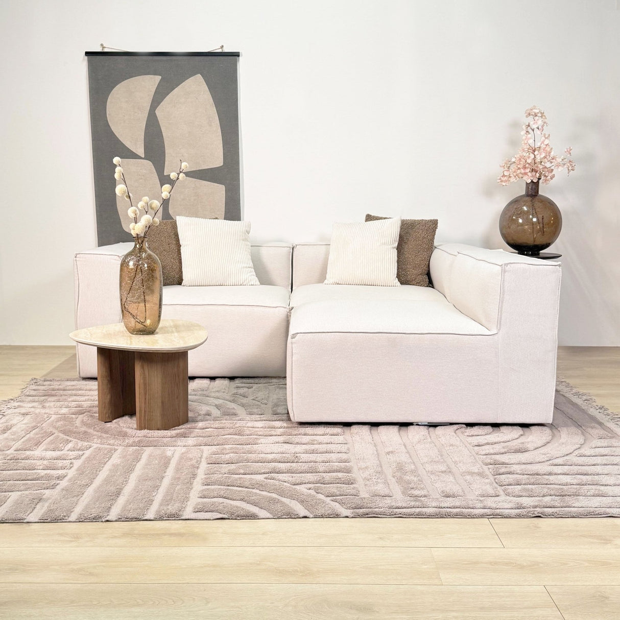 Canapé d'angle modulaire en tissu lin beige écru avec ottoman amovible - Fora 