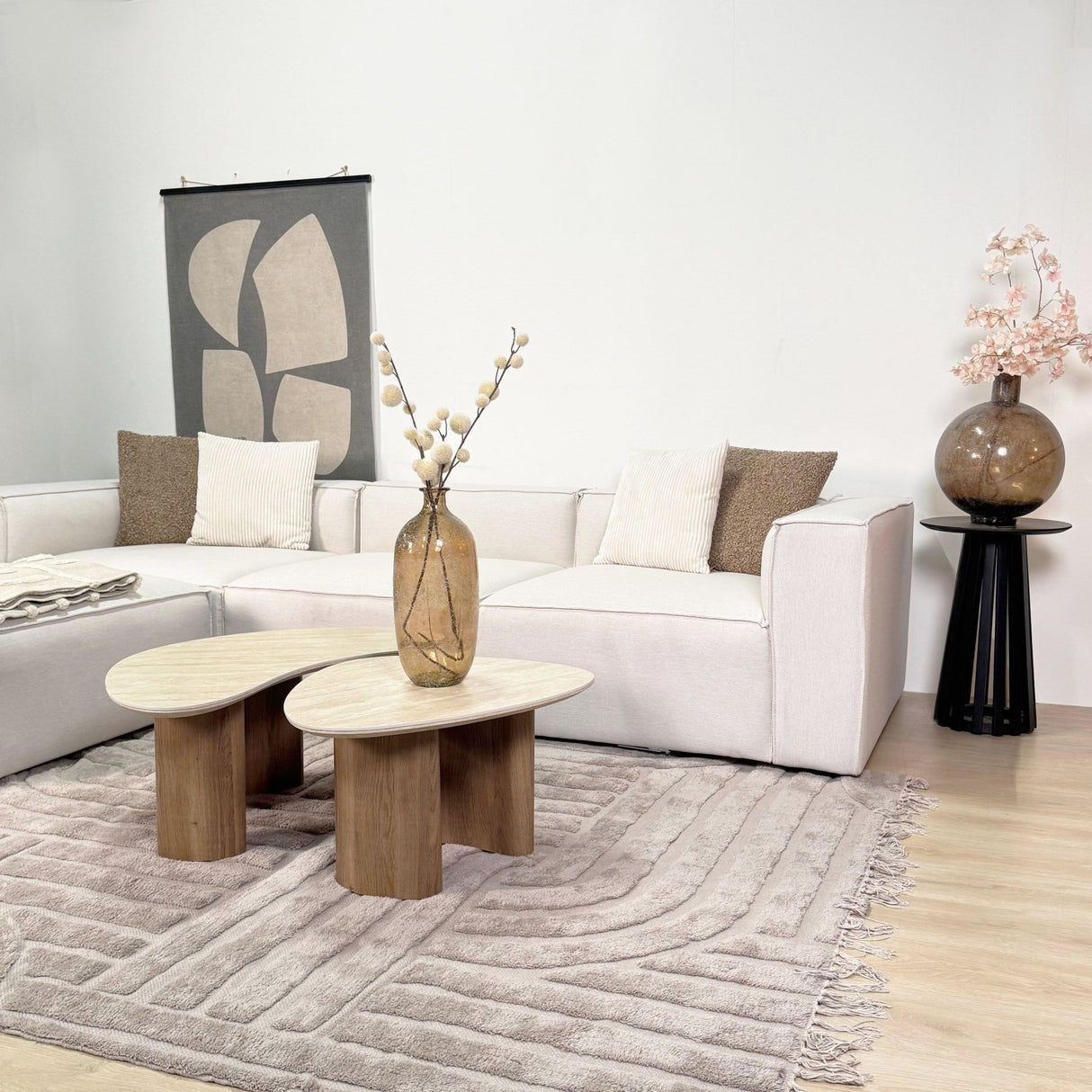 Canapé d'angle modulaire en tissu lin beige écru avec ottoman amovible - Fora 
