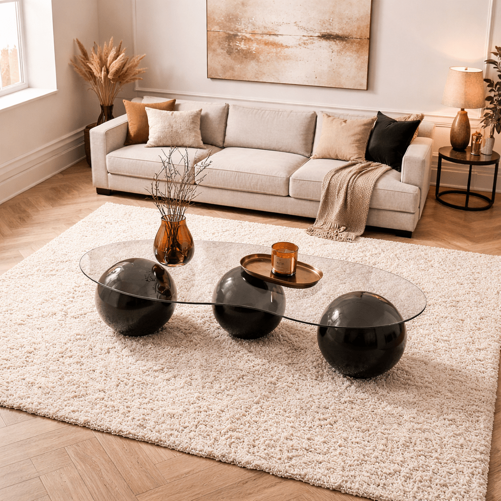 Salontafels - Organische salontafel brons getint glas zwarte bolpoten Sphere 120x70 cm - Dimehouse