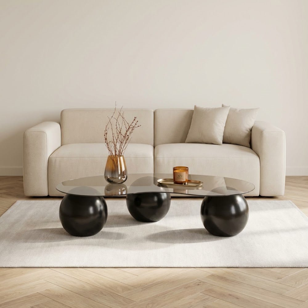 Salontafels - Organische salontafel brons getint glas zwarte bolpoten Sphere 120x70 cm - Dimehouse