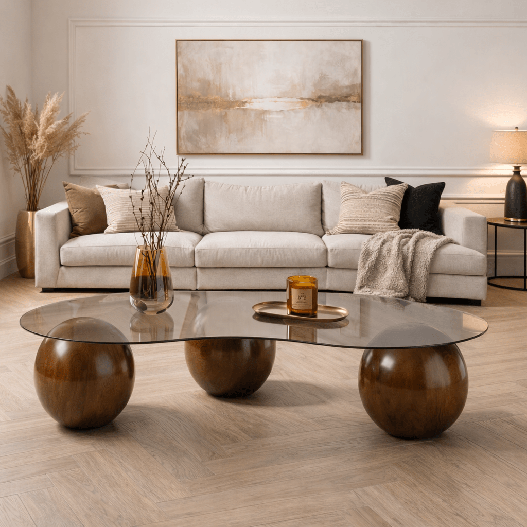 Salontafels - Organische salontafel grijs getint glas walnoot bolpoten Sphere 120x70 cm - Dimehouse