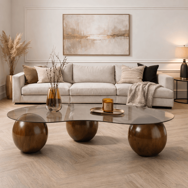 Salontafels - Organische salontafel grijs getint glas walnoot bolpoten Sphere 120x70 cm - Dimehouse