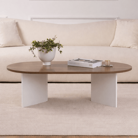 Ovale Salontafel Walnoot Look - Witte Poot - Sabla - 119x60