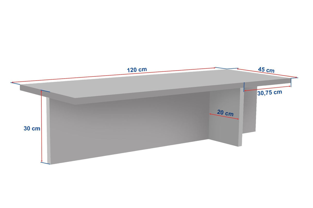 photo blanche avec dimensions d'une table basse rectangulaire plateau aspect travertin avec cadre aspect noyer