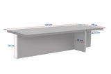 photo blanche avec dimensions d'une table basse rectangulaire plateau aspect travertin avec cadre aspect noyer