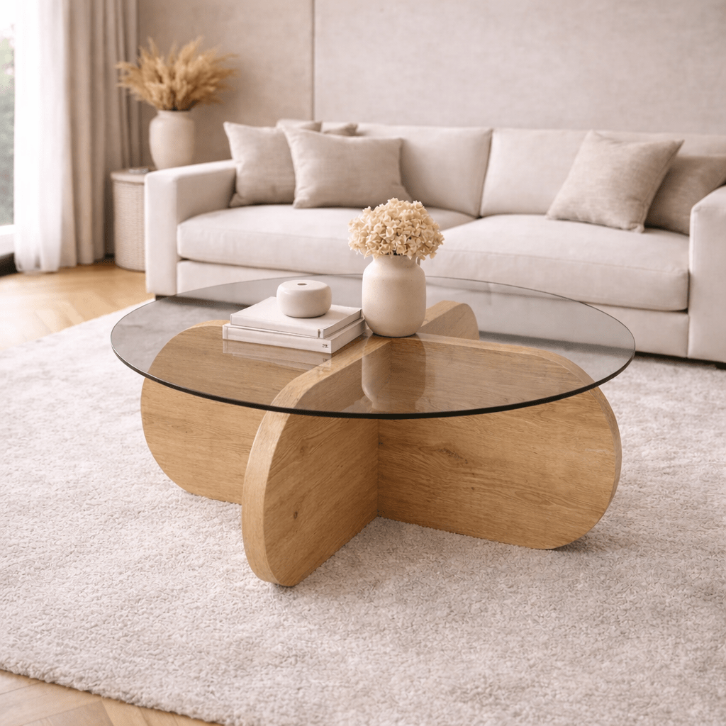 Salontafels - Ronde salontafel Aris eiken look melamine en transparant glas 75 cm - Dimehouse