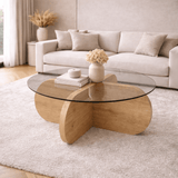 Salontafels - Ronde salontafel Aris eiken look melamine en transparant glas 75 cm - Dimehouse