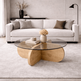 Salontafels - Ronde salontafel Aris eiken look melamine en transparant glas 75 cm - Dimehouse