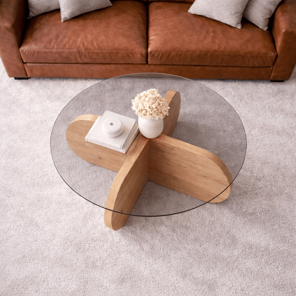 Salontafels - Ronde salontafel Aris eiken look melamine en transparant glas 75 cm - Dimehouse