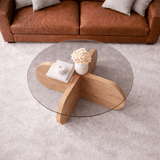 Salontafels - Ronde salontafel Aris eiken look melamine en transparant glas 75 cm - Dimehouse