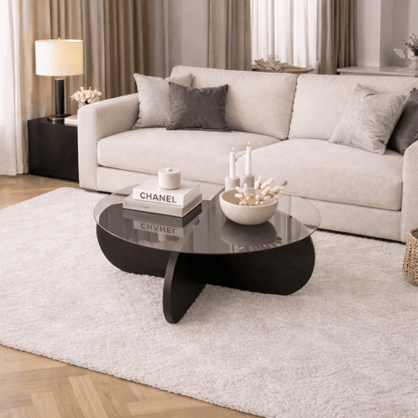 Ronde salontafel Aris zwart melamine en transparant glas 75 cm