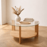 Salontafels - Ronde salontafel eiken melamine transparant glas Ø75 cm - Cairo - Dimehouse